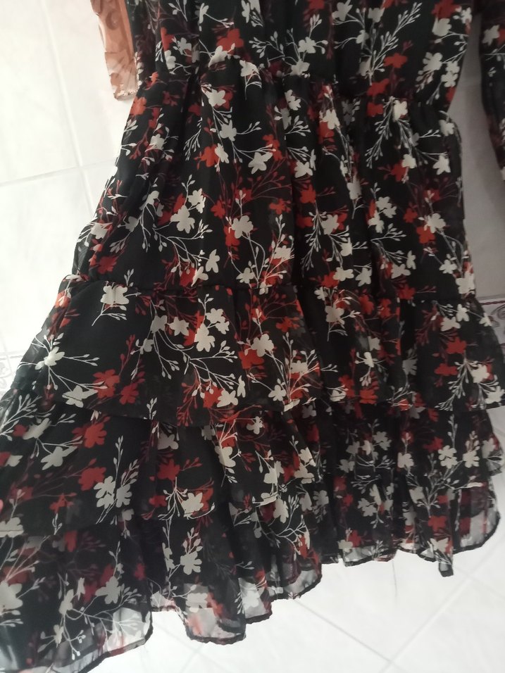 Siyah Uzun Kollu V Yaka Şifon Elbise - Görsel 3