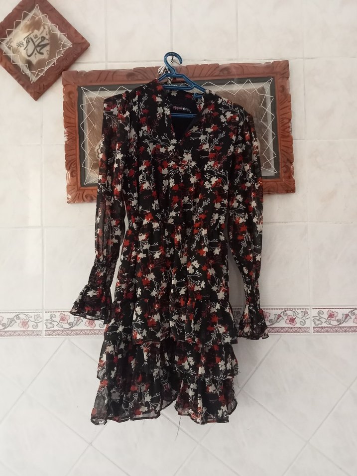 Siyah Uzun Kollu V Yaka Şifon Elbise - Görsel 2