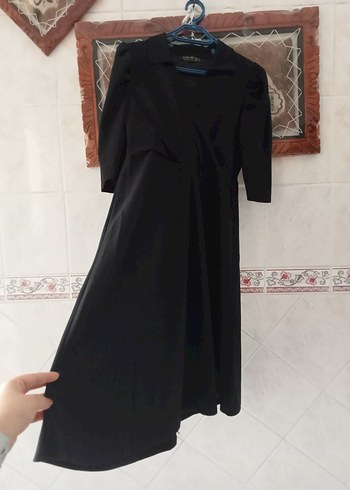 Drapeli Siyah Uzun Kollu V Yakalı Uzun Elbise - Görsel 5