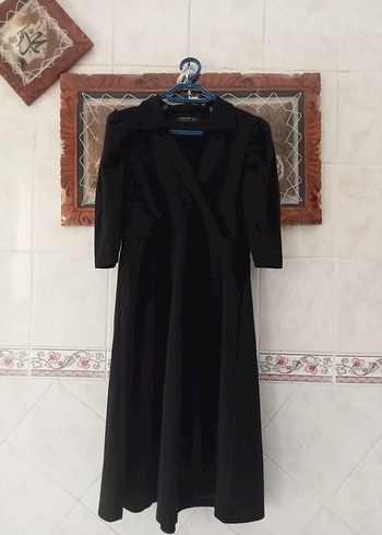 Drapeli Siyah Uzun Kollu V Yakalı Uzun Elbise - Görsel 2