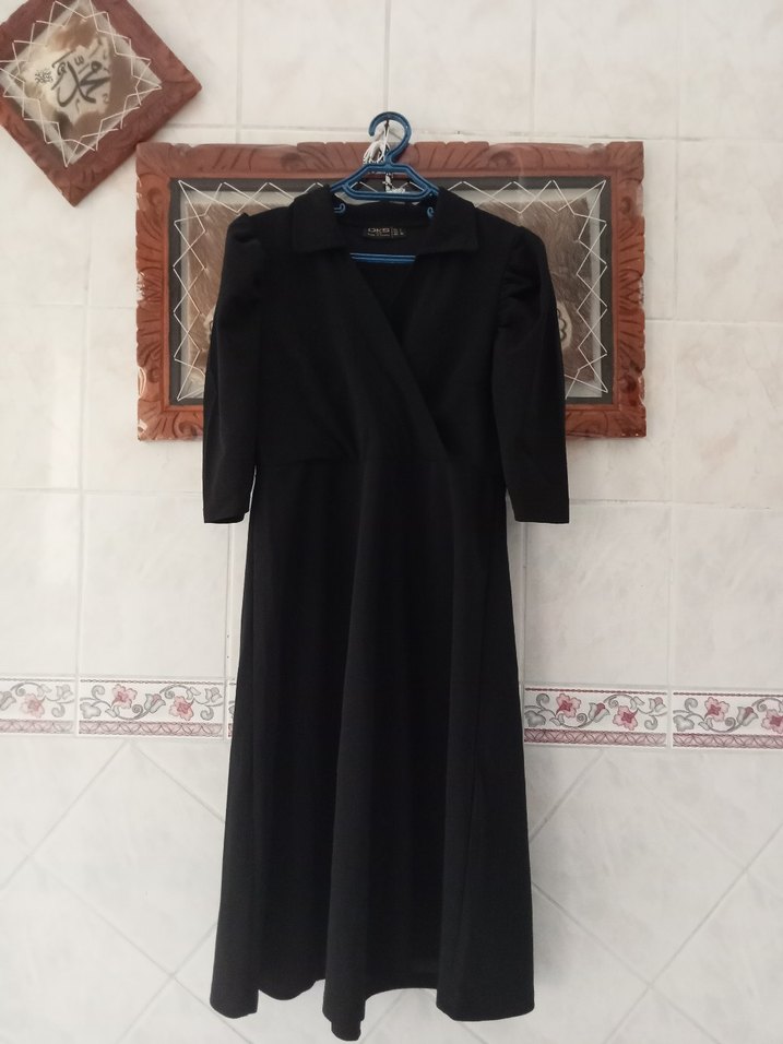 Drapeli Siyah Uzun Kollu V Yakalı Uzun Elbise - Görsel 2