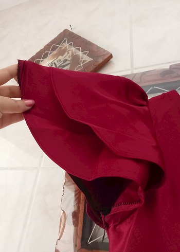 Bordo Midi Saten Elbise, Kemerli, Kayık Yaka - Görsel 6