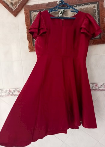 Bordo Midi Saten Elbise, Kemerli, Kayık Yaka - Görsel 3