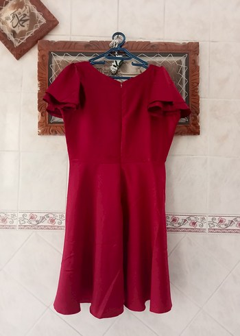 Bordo Midi Saten Elbise, Kemerli, Kayık Yaka - Görsel 5