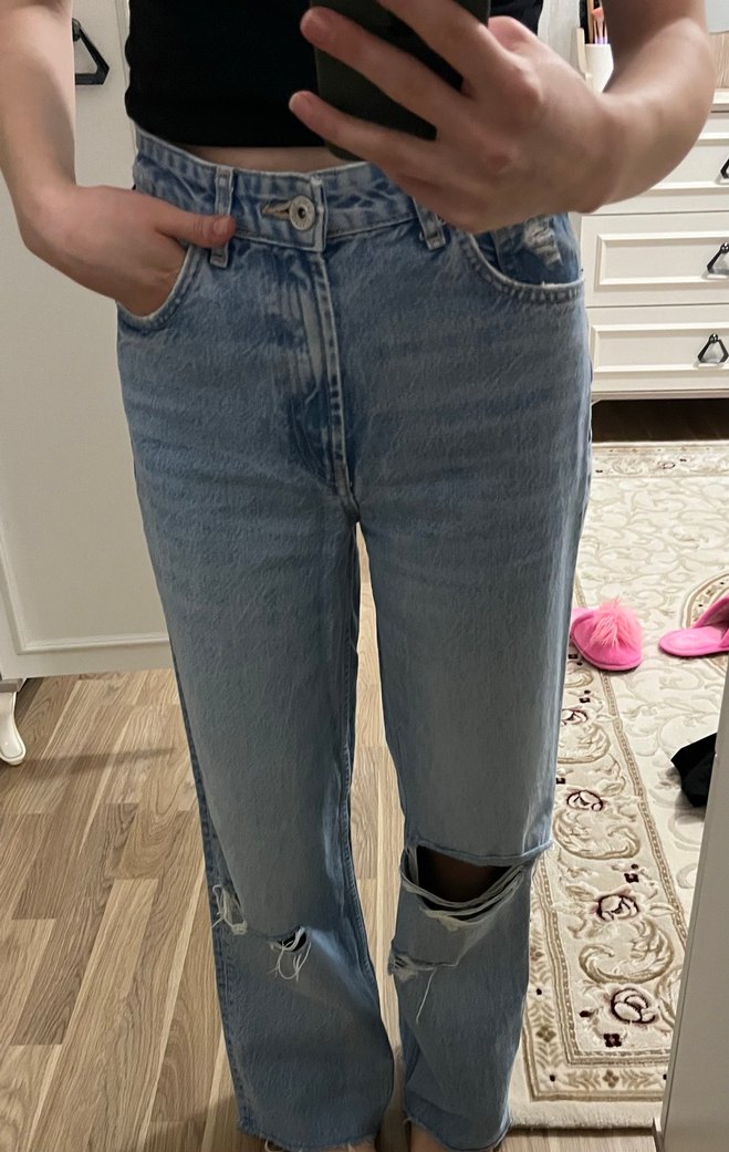 Kadın Mavi Pastel Renk Yırtmaçlı Bol Kesim Jean - Görsel 3