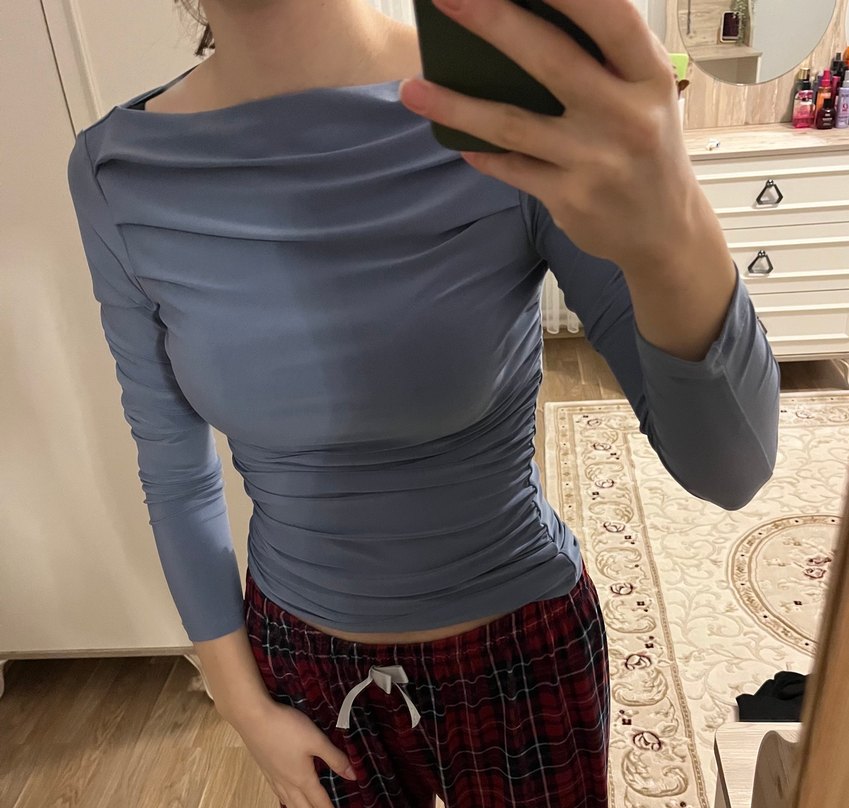 Gri Drapeli Kayık Yaka Kadın Bluz - Görsel 2