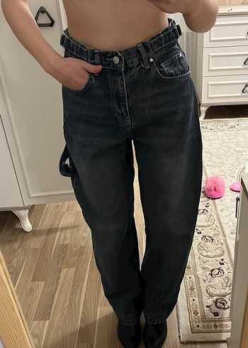 Kemer Detaylı Lacivert Bağlama Desenli Bol Kesim Kadın Jean - Görsel 2