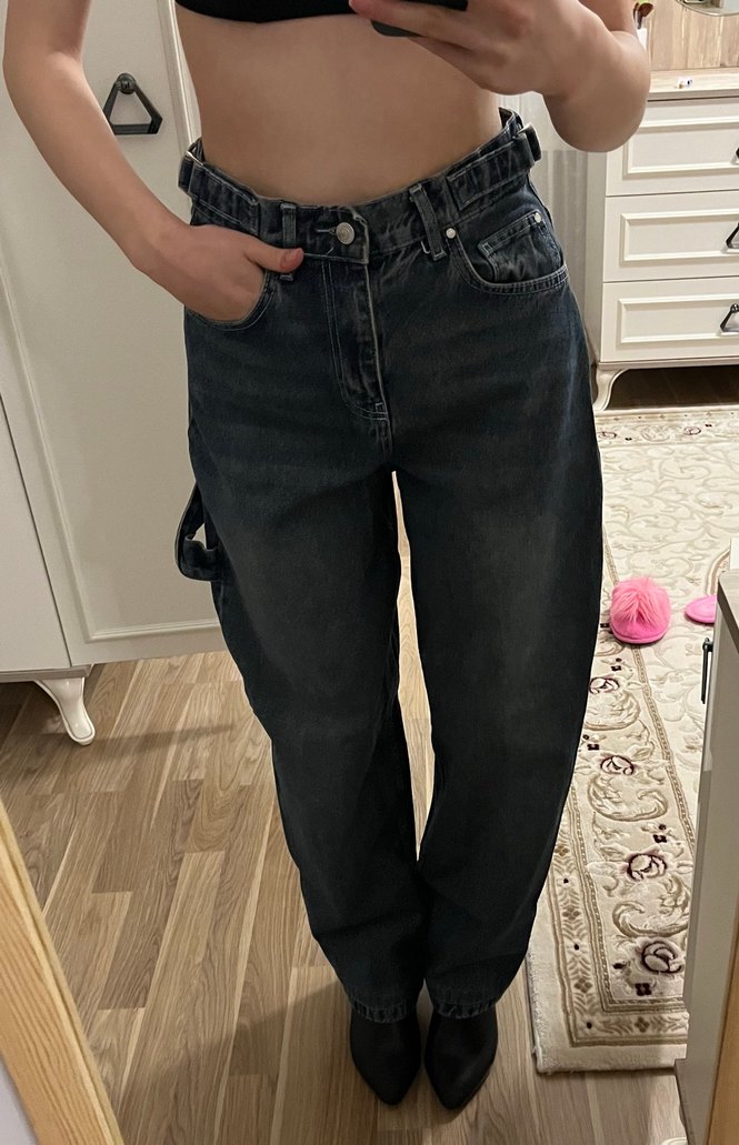 Kemer Detaylı Lacivert Bağlama Desenli Bol Kesim Kadın Jean - Görsel 2