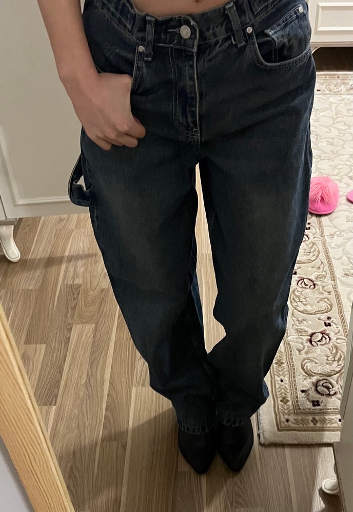 Kemer Detaylı Lacivert Bağlama Desenli Bol Kesim Kadın Jean - Görsel 3