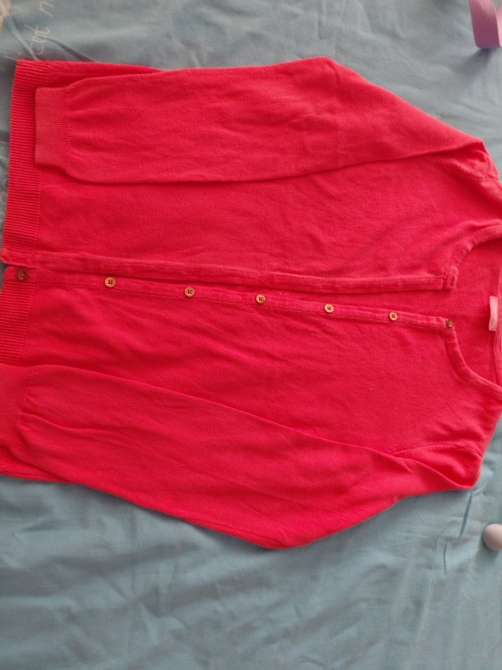 Kız Çocuk Kırmızı Keten Düğmeli Hırka - Görsel 4