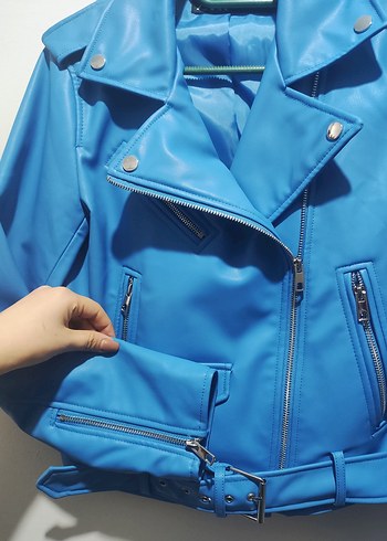 Zara Mavi Biker Suni Deri Ceket Kemerli - Görsel 3