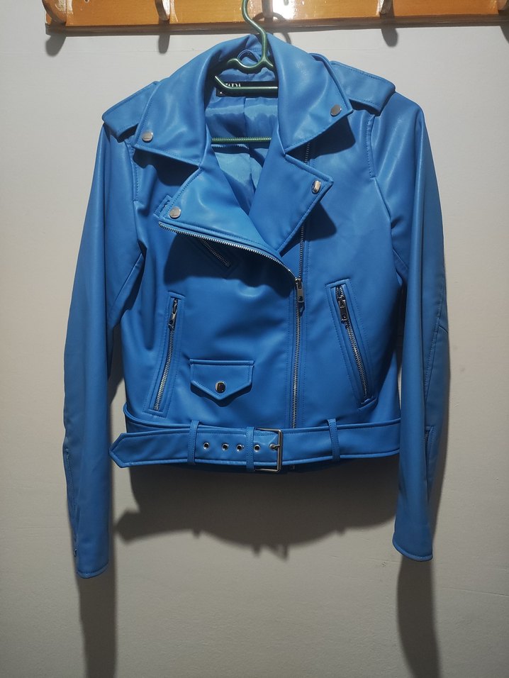 Zara Mavi Biker Suni Deri Ceket Kemerli - Görsel 2