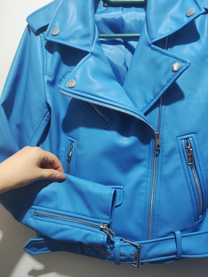 Zara Mavi Biker Suni Deri Ceket Kemerli - Görsel 3