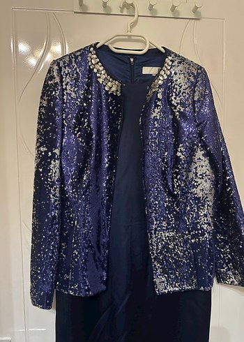 Lacivert Uzun Kollu Kadın Abiye Elbise - Görsel 2