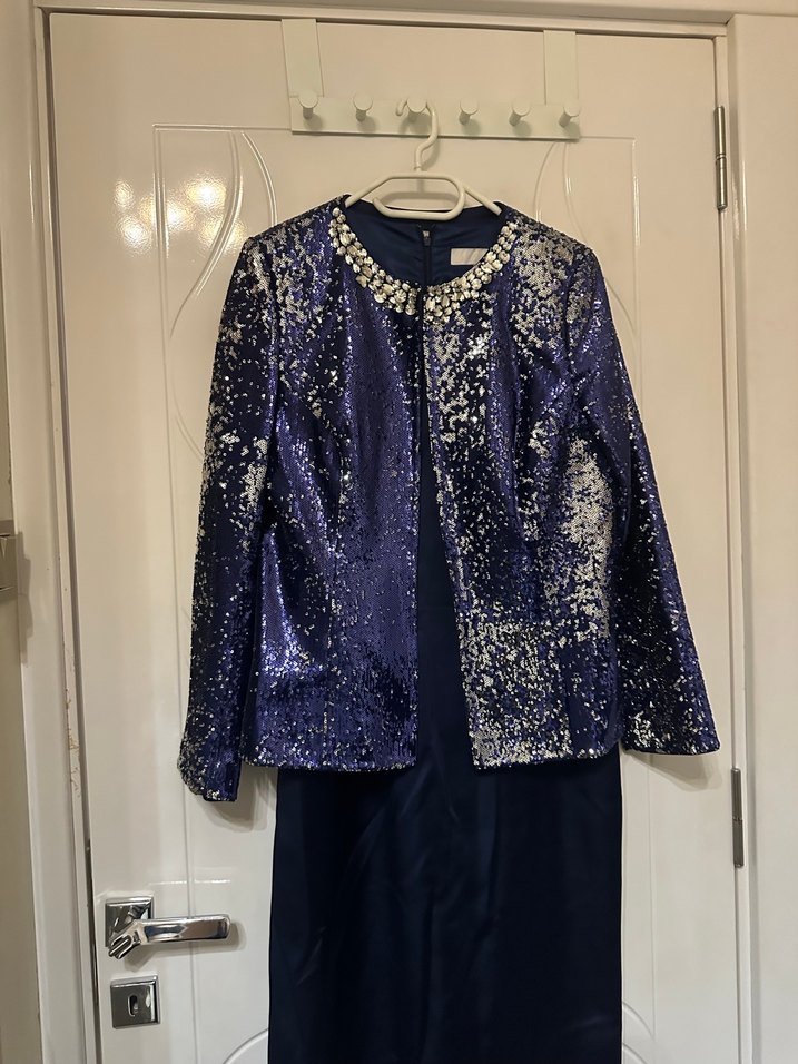 Lacivert Uzun Kollu Kadın Abiye Elbise - Görsel 3