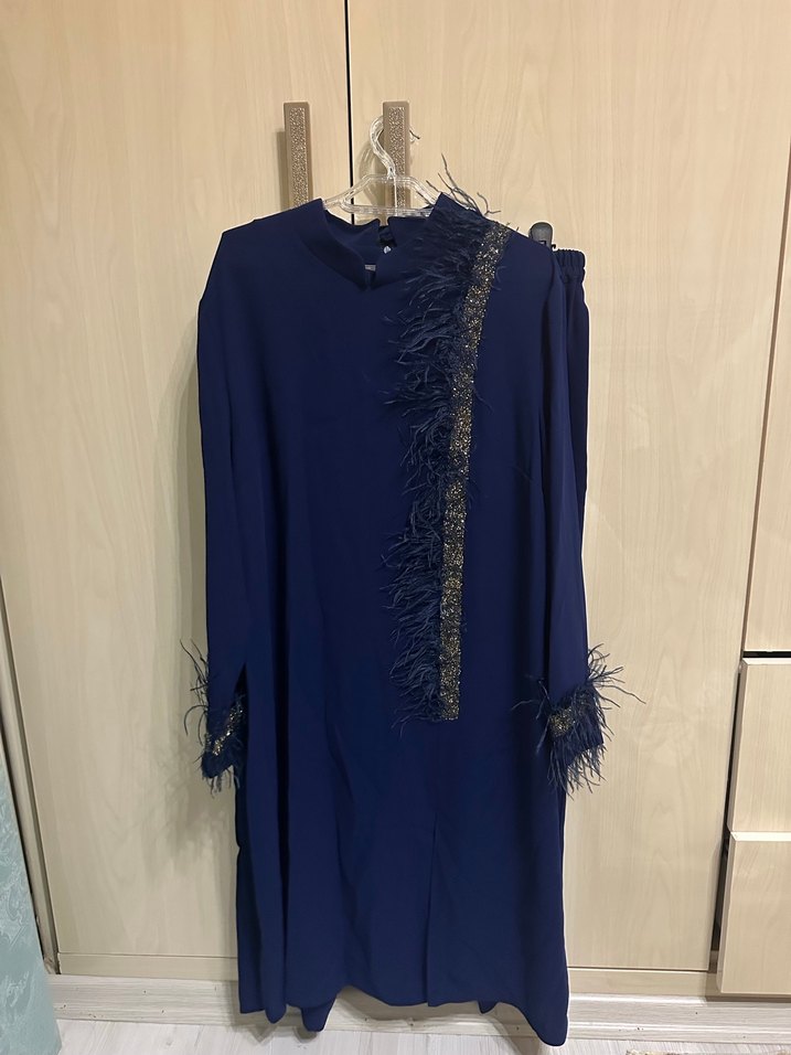 Mavi Uzun Kollu Drapeli Kadın Elbise - Görsel 4