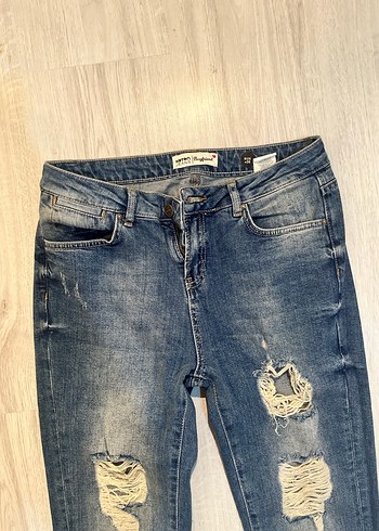 Kadın Yırtık Rahat Kesim Mavi Denim Pantolon - Görsel 3
