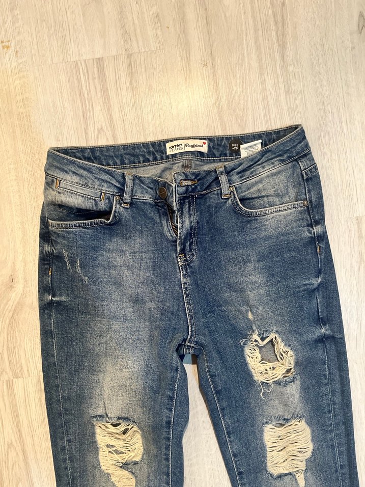 Kadın Yırtık Rahat Kesim Mavi Denim Pantolon - Görsel 3