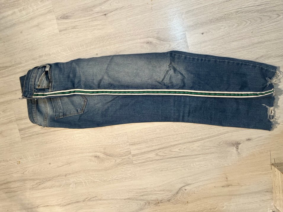 Çizgili Kemerli Mavi Kadın Denim Pantolon - Görsel 3