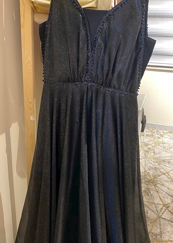 Siyah V Yakalı Gotik Midi Abiye Elbise - Görsel 7