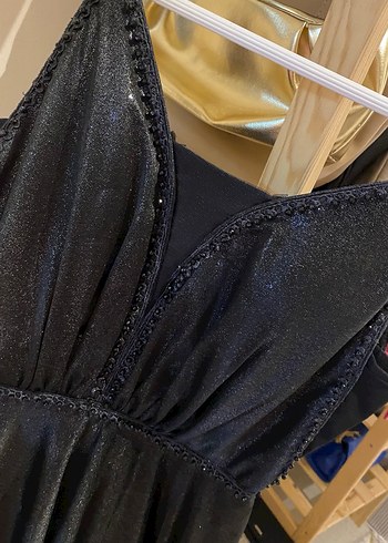 Siyah V Yakalı Gotik Midi Abiye Elbise - Görsel 6