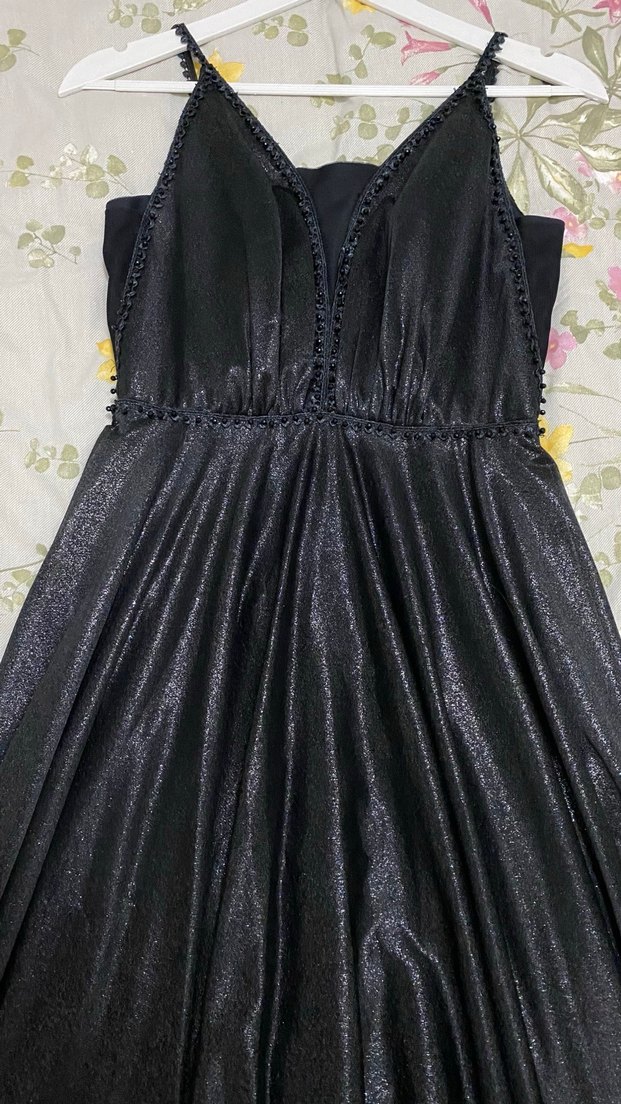 Siyah V Yakalı Gotik Midi Abiye Elbise - Görsel 5