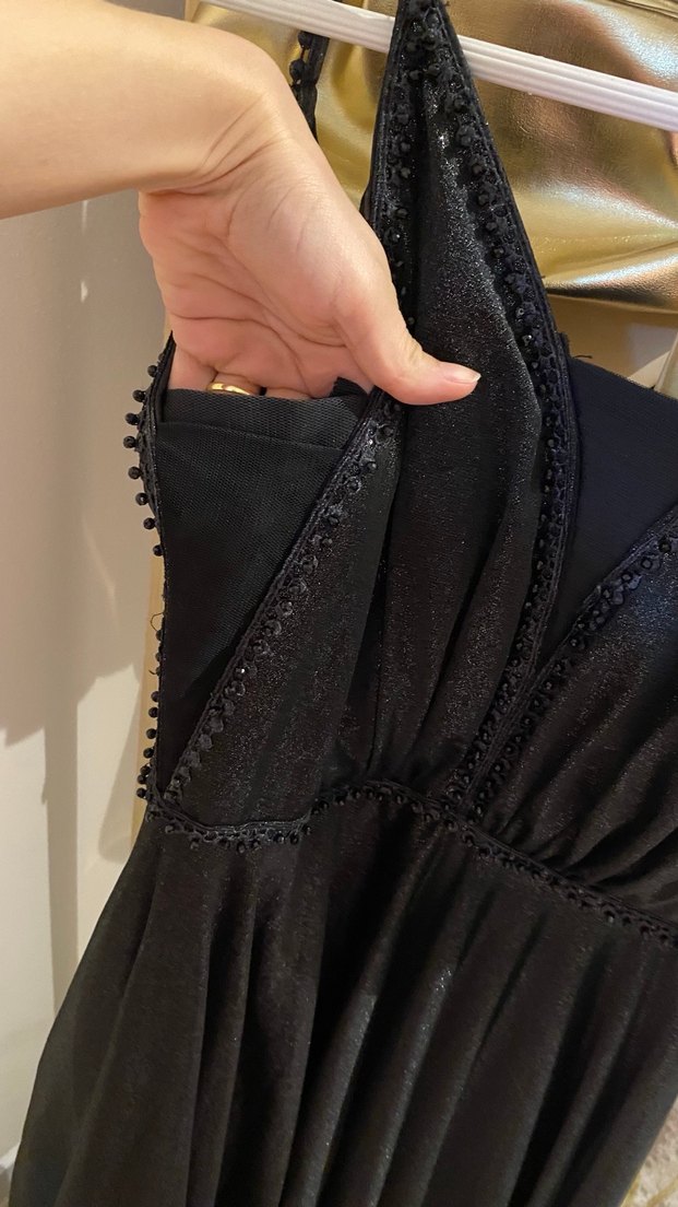 Siyah V Yakalı Gotik Midi Abiye Elbise - Görsel 4