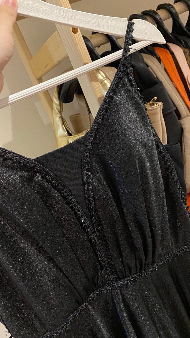 Siyah V Yakalı Gotik Midi Abiye Elbise - Görsel 2