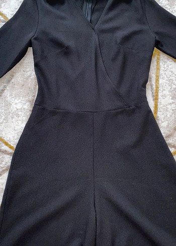 V Yaka Siyah Midi Kadın Tulum - Görsel 4