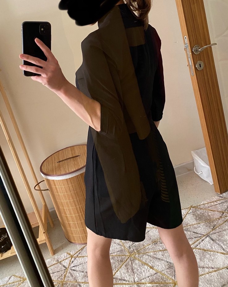 V Yaka Siyah Midi Kadın Tulum - Görsel 2