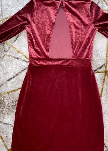 H&M Bordo Yüksek Yakalı Kadife Mini Elbise - Görsel 5