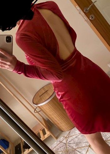 H&M Bordo Yüksek Yakalı Kadife Mini Elbise - Görsel 2