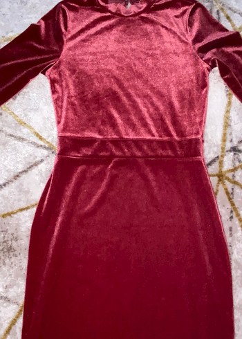 H&M Bordo Yüksek Yakalı Kadife Mini Elbise - Görsel 4