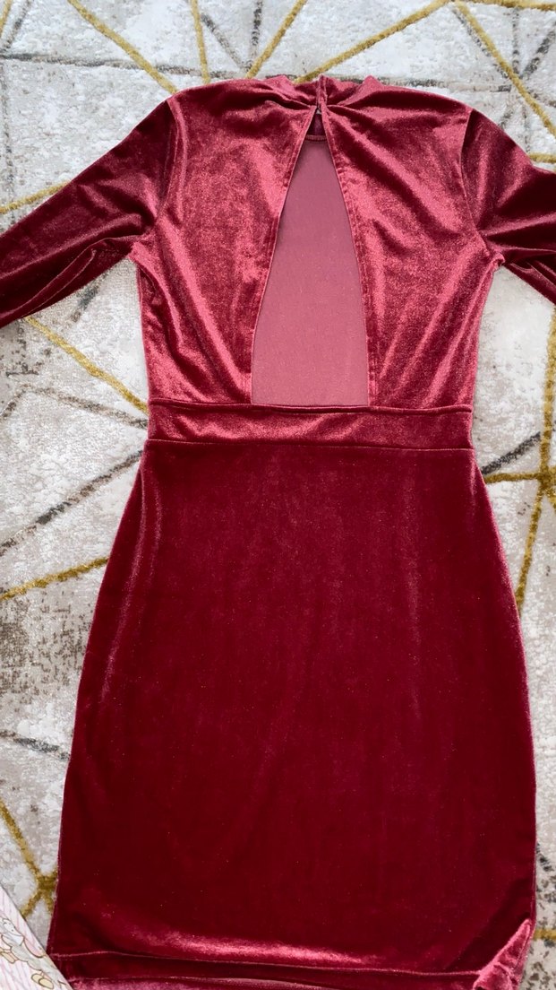 H&M Bordo Yüksek Yakalı Kadife Mini Elbise - Görsel 5