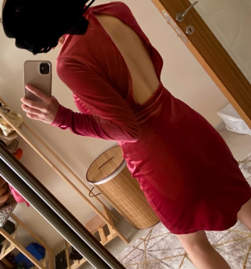 H&M Bordo Yüksek Yakalı Kadife Mini Elbise - Görsel 2