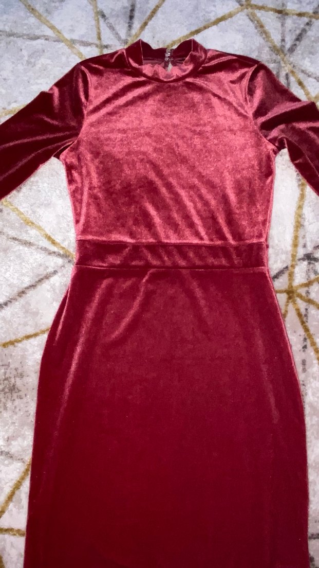 H&M Bordo Yüksek Yakalı Kadife Mini Elbise - Görsel 4