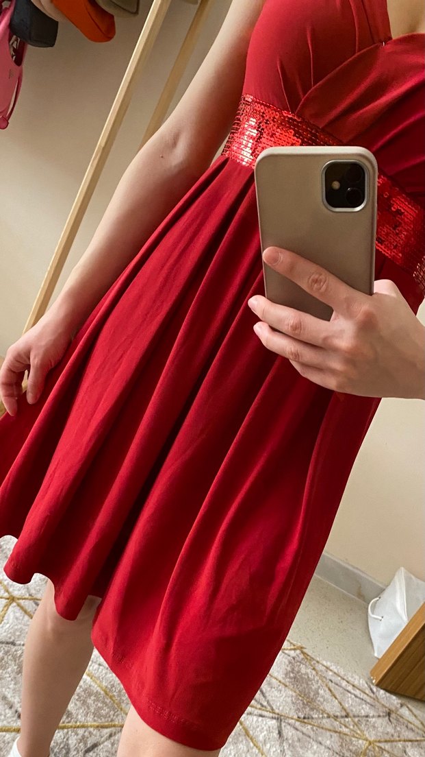 Kırmızı Drapeli Kısa Abiye Elbise - Görsel 4