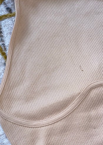 Bershka Bel Detaylı Bej Kısa Triko Elbise - Görsel 6