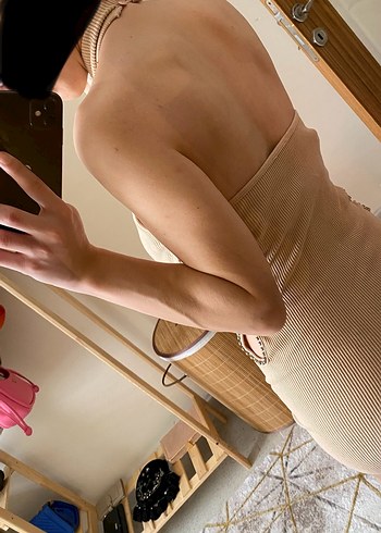 Bershka Bel Detaylı Bej Kısa Triko Elbise - Görsel 3