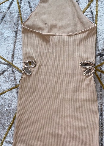 Bershka Bel Detaylı Bej Kısa Triko Elbise - Görsel 7