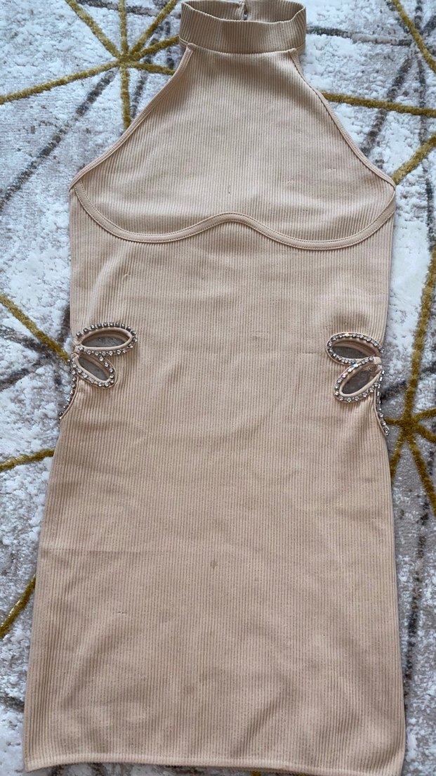 Bershka Bel Detaylı Bej Kısa Triko Elbise - Görsel 5