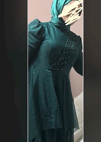 Uzun Kollu yeşil simli Drapeli abiye - Görsel 3