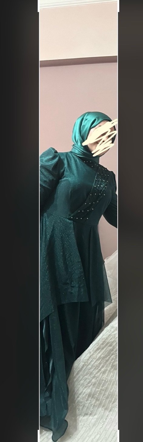 Uzun Kollu yeşil simli Drapeli abiye - Görsel 3