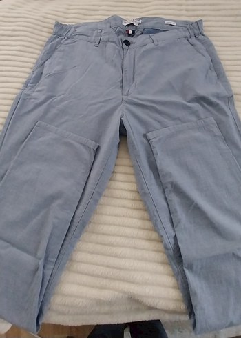 Düğmeli Mavi Keten Erkek Pantolon - Görsel 4