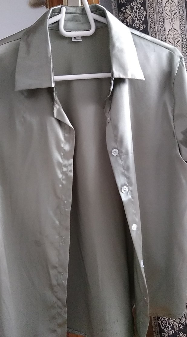 Düğmeli Gri haki Saten Kadın Gömlek - Görsel 2