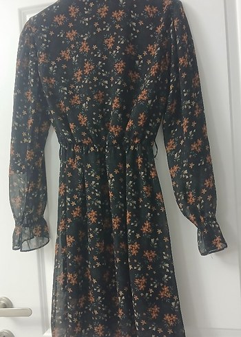 Uzun Kollu Siyah Çiçekli Midi Bohem Elbise - Görsel 2