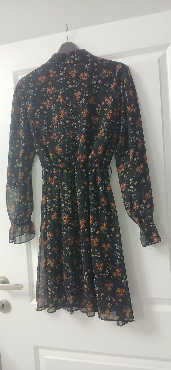 Uzun Kollu Siyah Çiçekli Midi Bohem Elbise - Görsel 2