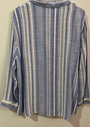 Mavi Çizgili Uzun Kollu Keten Gömlek - Görsel 3