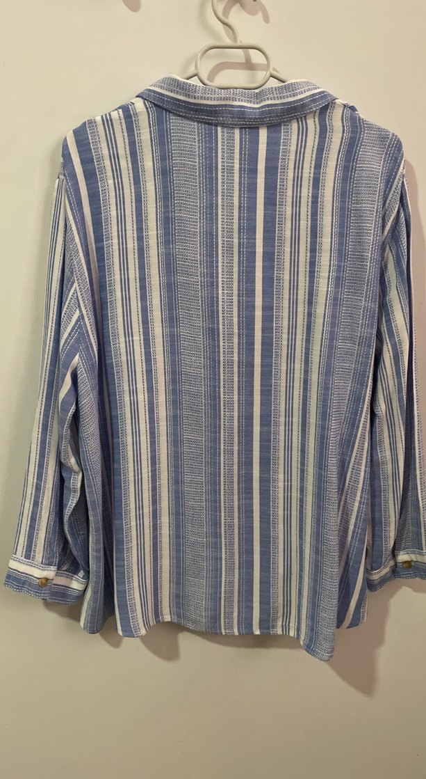 Mavi Çizgili Uzun Kollu Keten Gömlek - Görsel 3
