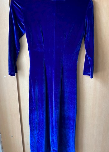 Mavi Uzun Kollu Kadife  Abiye Elbise - Görsel 2